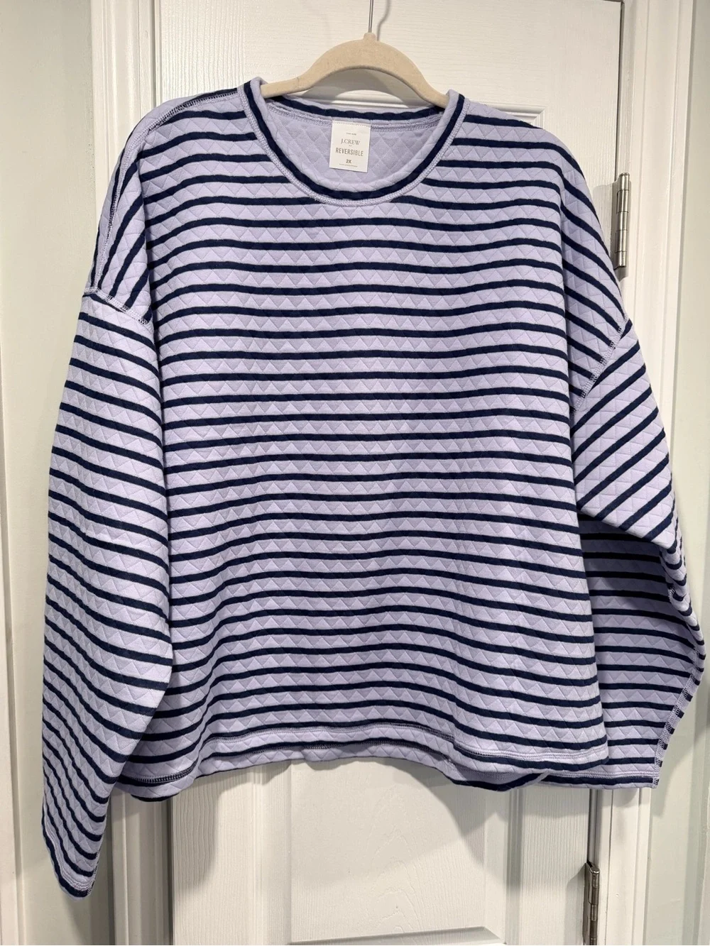 NWOT J. Crew Size 2X Purple Navy Blue Reversible Quilted Striped Crew Sweatshirt
